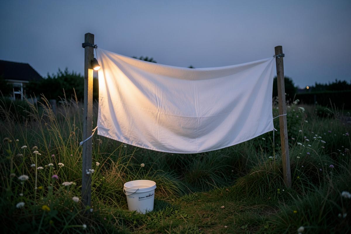 Een wit laken verlicht door een ledlamp voor nachtvlindermonitoring op het landgoed