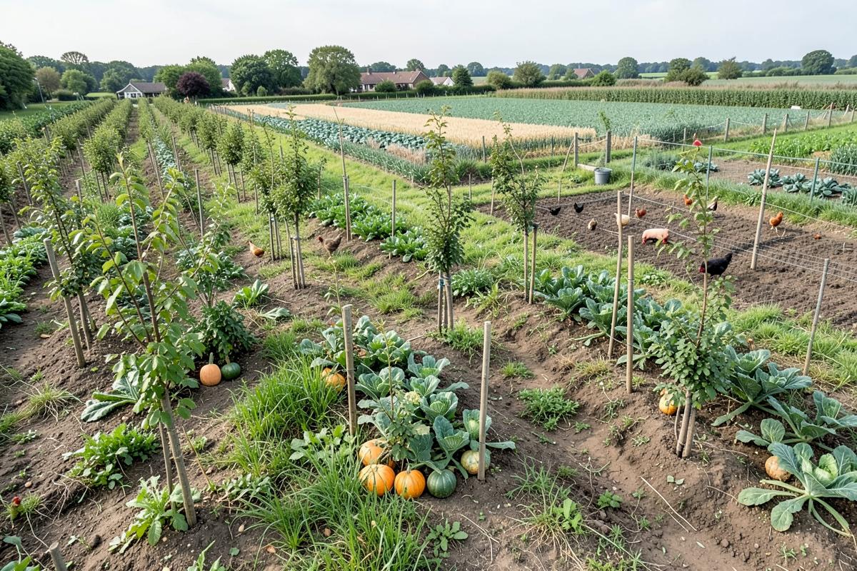 Rijen jonge bomen met daartussen akkers met granen, kolen en pompoenen voor de dieren